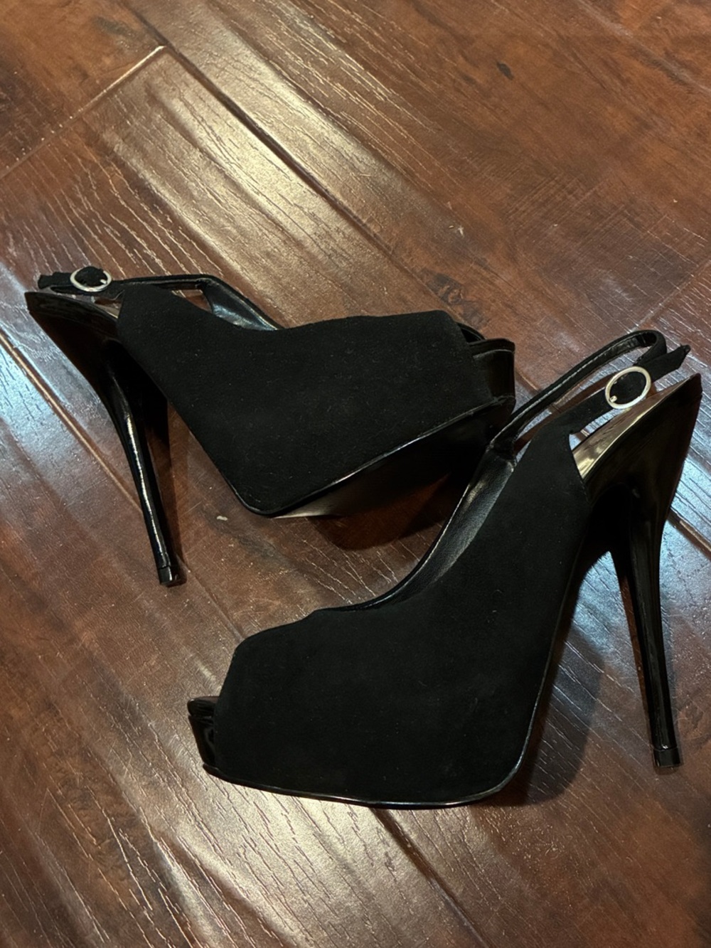Bakers Black Suede Peep-Toe Slingback Stiletto Heels